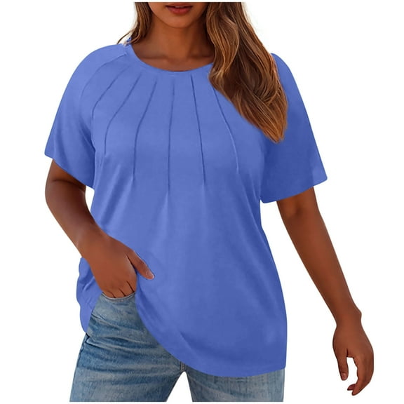 fatyb Women's Plus Size Tops Short Sleeve Crew Neck Pleated T-Shirts Womens Summer Plain Loose Blouses