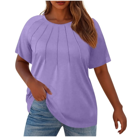 fatyb Women's Plus Size Tops Short Sleeve Crew Neck Pleated T-Shirts Womens Summer Plain Loose Blouses