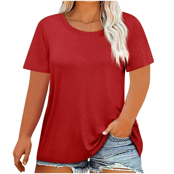 fatyb Women's Plus Size Tops Summer 3/4 Sleeve Crew Neck Tshirts Casual Solid Color Loose Tunic Blouses