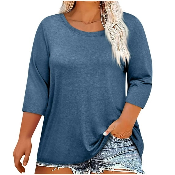 fatyb Women's Plus Size Tops Summer 3/4 Sleeve Crew Neck Tshirts Casual Solid Color Loose Tunic Blouses