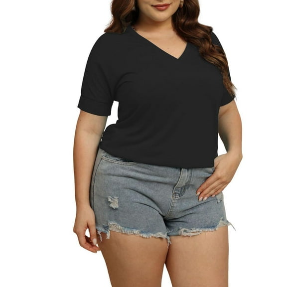 fatyb Women's Plus Size Tops V Neck Short Sleeve Plain T Shirts Summer Casual Side Split Tee Blouses
