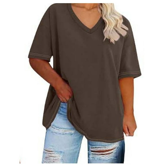 fatyb Women's Plus Size V Neck T-Shirts Short Sleeve Basic Tee Tops Solid Color Loose Casual Blouses