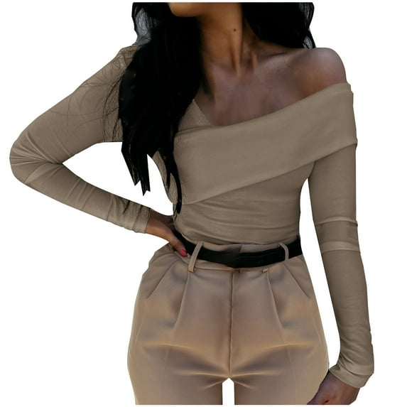 fatyb Women's Ribbed Long Sleeve Tops Going out T Shirts Ladies Slim Basic Tee Elegant Party Shirts