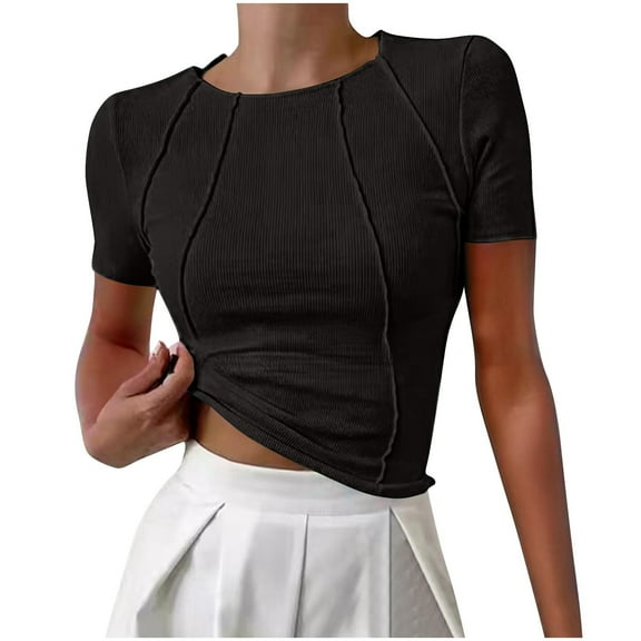 fatyb Women's Ribbed T-Shirts Short Sleeve Crew Neck T Shirts Summer Slim Casual Basic Tees for Women