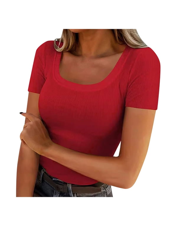 Women's Ribbed T-Shirts Square Neck Slim Tee Shirts Casual Short Sleeve Basic Top for Women