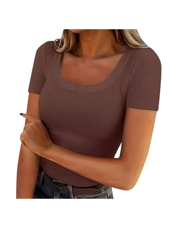 Women's Ribbed T-Shirts Square Neck Slim Tee Shirts Casual Short Sleeve Basic Top for Women