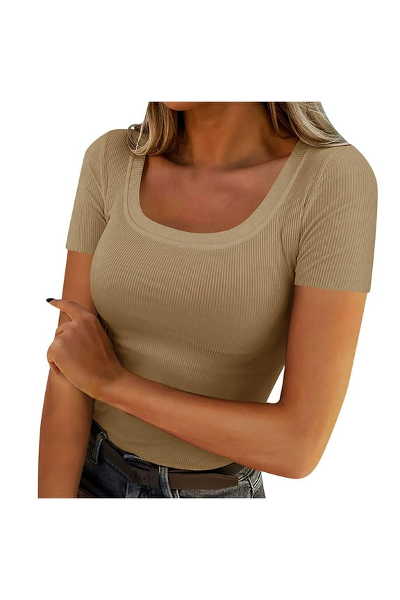 Women's Ribbed T-Shirts Square Neck Slim Tee Shirts Casual Short Sleeve Basic Top for Women