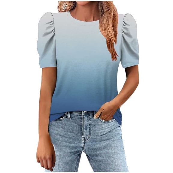 fatyb Women's Round Neck Short Sleeve Tops Loose Gradient Color Blouses Womens Casual Tunic Shirts