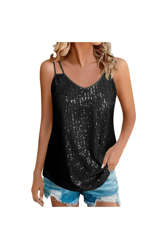 Women's Sequin Tank Tops Fashion V Neck Sparkly Cami Tops Sleeveless Glitter Party Club Shirts