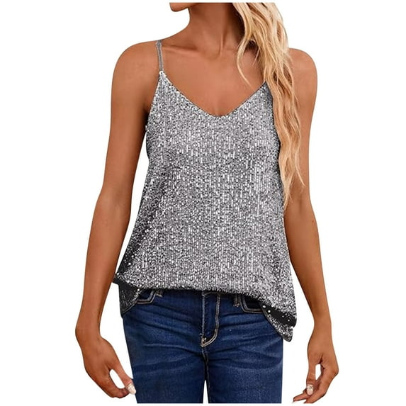 fatyb Women's Sequin Tank Tops V Neck Racerback Glitter Camisole Sleeveless Party Club Sparkly Shirts