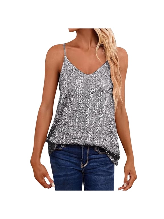 Women's Sequin Tank Tops V Neck Racerback Glitter Camisole Sleeveless Party Club Sparkly Shirts