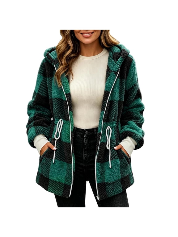 Women's Sherpa Jacket Zip up Fuzzy Plaid Outerwear Drawstring Waist Fall Winter Coat with Pockets