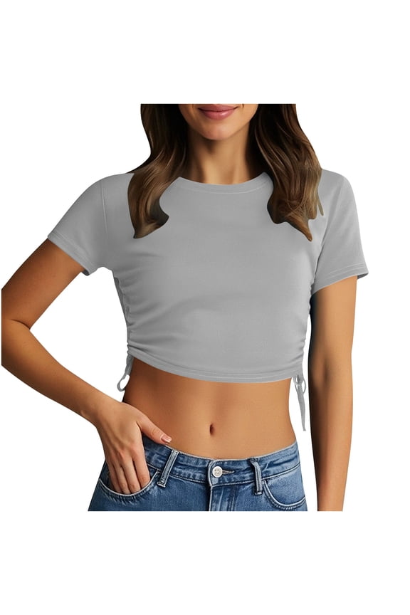 Women's Short Sleeve Crop Tops Side Drawstring T Shirts Crew Neck Slim Basic Tee Tops for Women