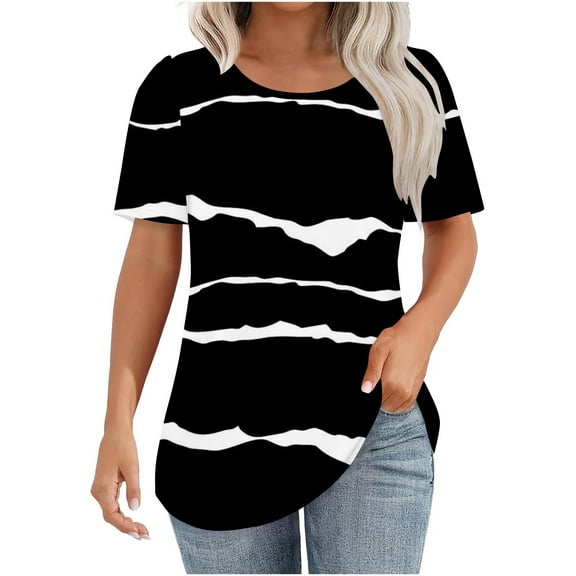 fatyb Women's Short Sleeve Striped Shirts Crew Neck Pleated Tunic Tops Loose Casual Summer Blouses Tee