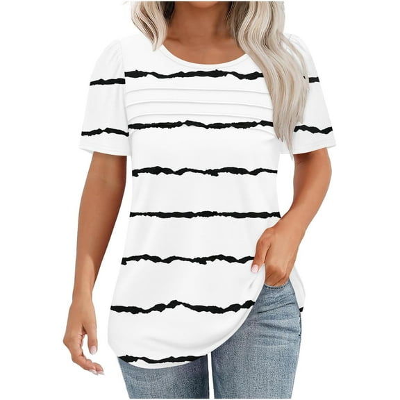fatyb Women's Short Sleeve Striped Shirts Crew Neck Pleated Tunic Tops Loose Casual Summer Blouses Tee