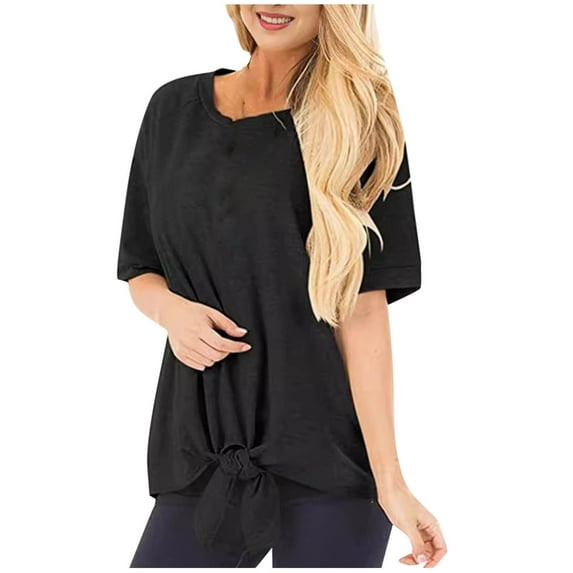 fatyb Women's Short Sleeve Tie Front T Shirts Crew Neck Loose Blouses Solid Color Casual Summer Tops