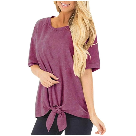 fatyb Women's Short Sleeve Tie Front T Shirts Crew Neck Loose Blouses Solid Color Casual Summer Tops