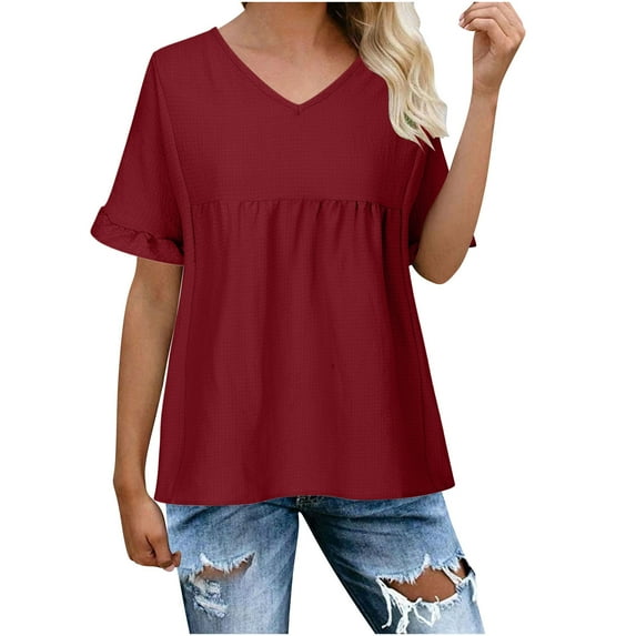fatyb Women's Short Sleeve Tops Casual V Neck Ruffle Dressy T Shirts Solid Color Loose Summer Blouses