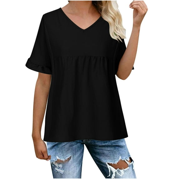 fatyb Women's Short Sleeve Tops Casual V Neck Ruffle Dressy T Shirts Solid Color Loose Summer Blouses