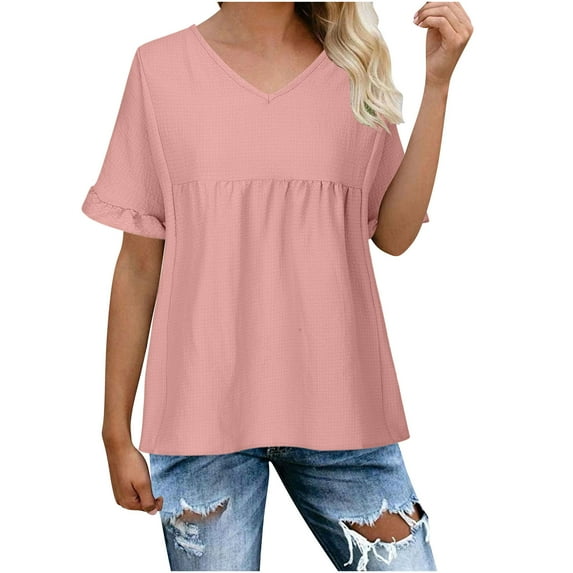fatyb Women's Short Sleeve Tops Casual V Neck Ruffle Dressy T Shirts Solid Color Loose Summer Blouses