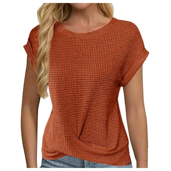 fatyb Women's Short Sleeve Tops Crew Neck T Shirts Pullover Tunic Solid Color Casual Blouses for Women