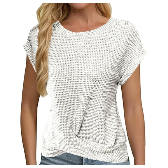 fatyb Women's Short Sleeve Tops Crew Neck T Shirts Pullover Tunic Solid Color Casual Blouses for Women