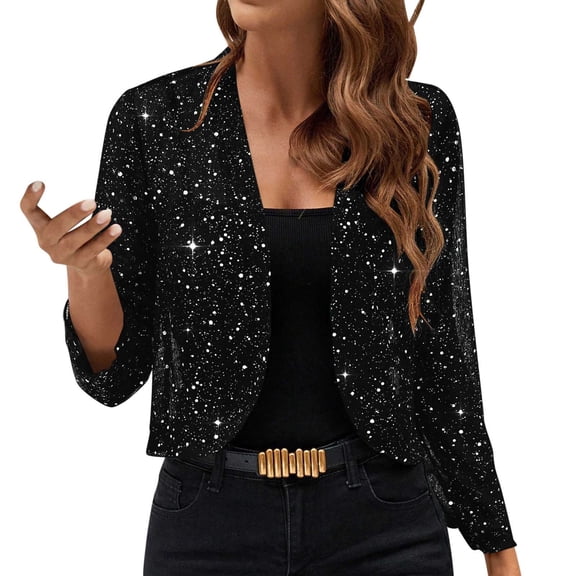 fatyb Women's Sparkly Cardigan Open Front Mesh Cardigan Thin Long Sleeve Party Clubwear Cropped Jacket