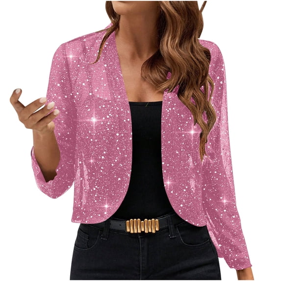 fatyb Women's Sparkly Cardigan Open Front Mesh Cardigan Thin Long Sleeve Party Clubwear Cropped Jacket