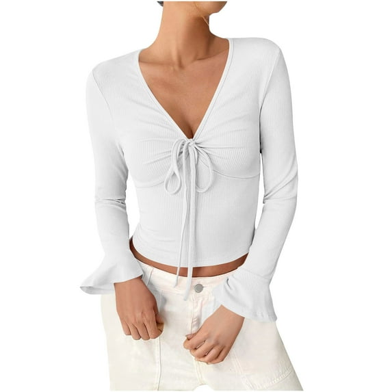 fatyb Women's Spring Summer Tops Crop Bell Long Sleeve Ribbed Shirts V Neck Drawstring Casual Knit Tee