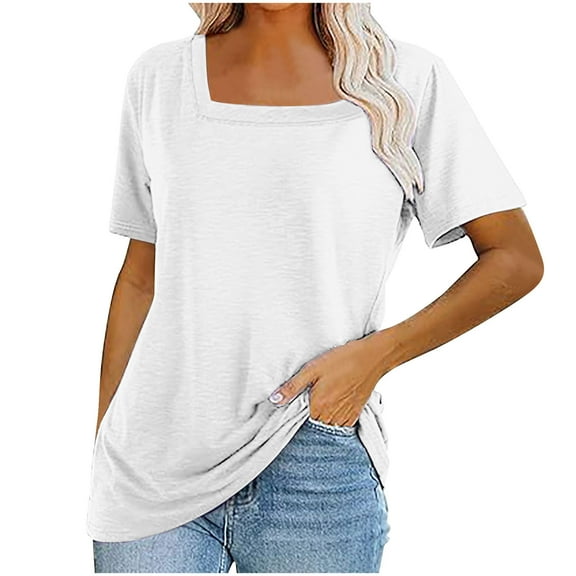 fatyb Women's Square Neck Blouses Short Sleeve Casual Tee Shirts Solid Color Summer Loose Tunic Tops