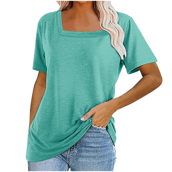fatyb Women's Square Neck Blouses Short Sleeve Casual Tee Shirts Solid Color Summer Loose Tunic Tops