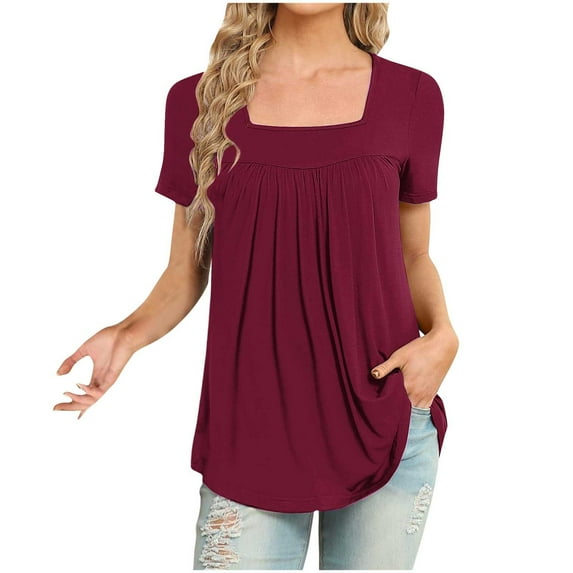 fatyb Women's Square Neck Blouses Short Sleeve Pleated Casual T Shirts Solid Color Flowy Tunic Tops