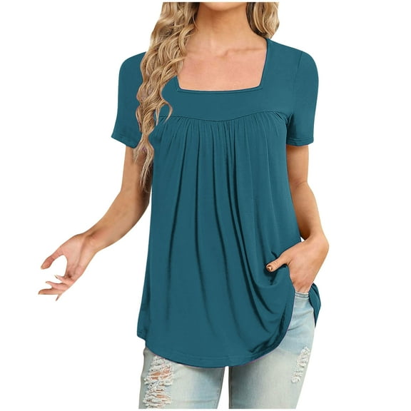 fatyb Women's Square Neck Blouses Short Sleeve Pleated Casual T Shirts Solid Color Flowy Tunic Tops