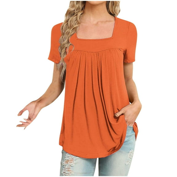 fatyb Women's Square Neck Blouses Short Sleeve Pleated Casual T Shirts Solid Color Flowy Tunic Tops