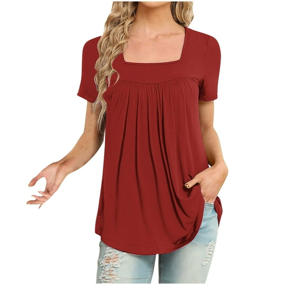 fatyb Women's Square Neck Blouses Short Sleeve Pleated Casual T Shirts Solid Color Flowy Tunic Tops