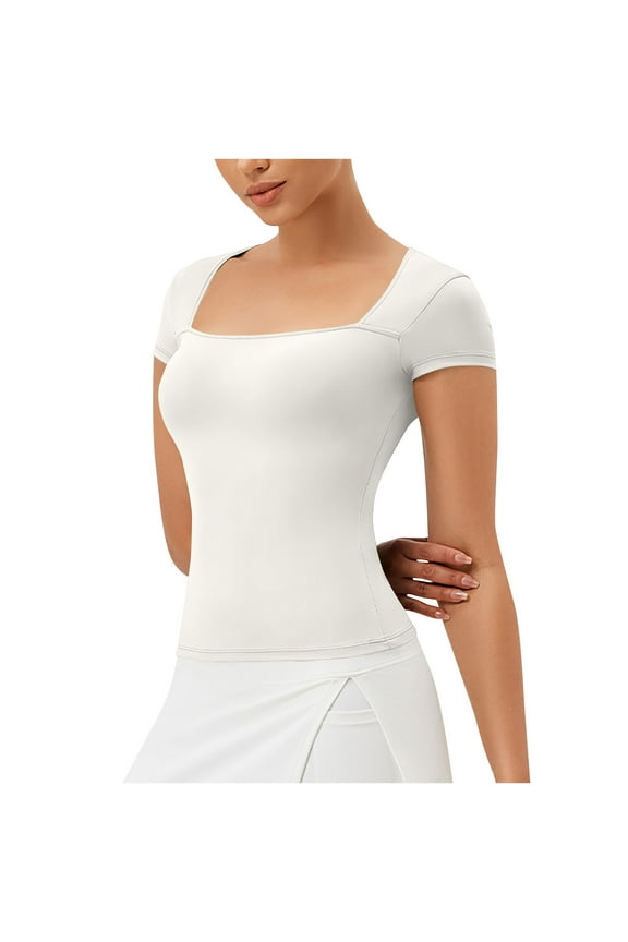 Women's Square Neck Short Sleeve Tops Casual Solid Color Slim Tees Fashion Going out T Shirt