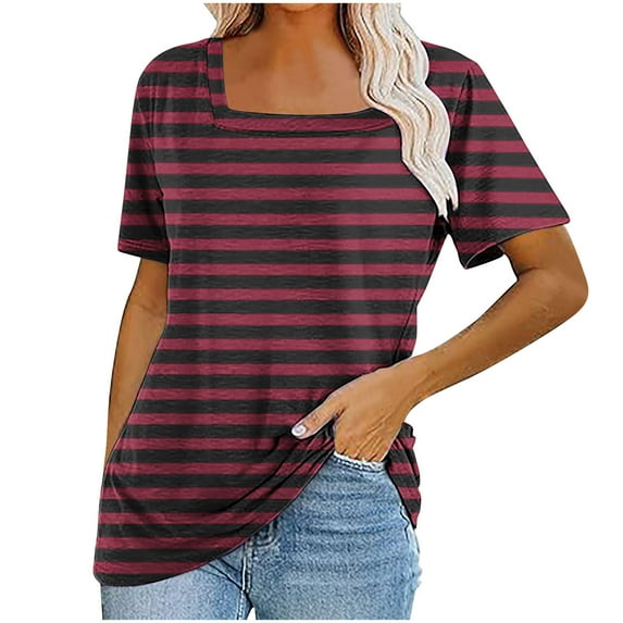 fatyb Women's Square Neck Striped Tops Short Sleeve Tunic Casual Shirts Summer Loose Blouses Tee