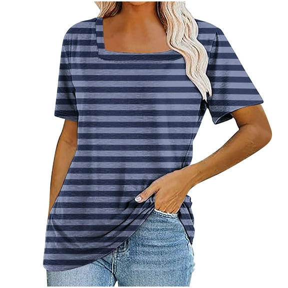 fatyb Women's Square Neck Striped Tops Short Sleeve Tunic Casual Shirts Summer Loose Blouses Tee