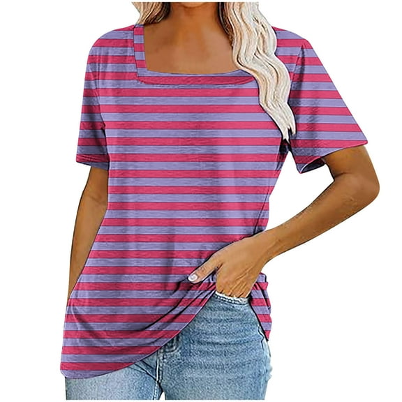 fatyb Women's Square Neck Striped Tops Short Sleeve Tunic Casual Shirts Summer Loose Blouses Tee