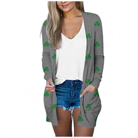 fatyb Women's St. Patrick's Cardigans Long Sleeve Lightweight Open Front Mid Length Outerwear with Pockets
