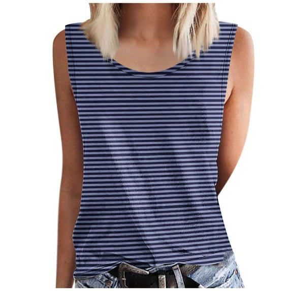 fatyb Women's Striped Casual Tank Tops Plus Size Crewneck Sleeveless Blouses Loose Summer Tee Shirts