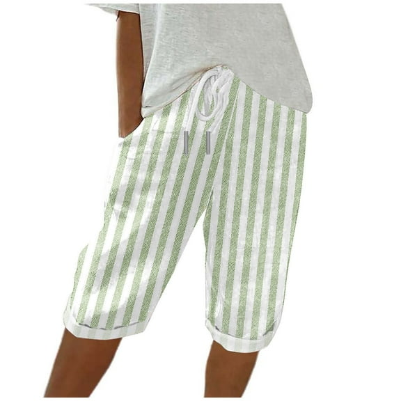 fatyb Women's Striped Knee Length Shorts Drawstring Casual Shorts Loose Lounge Short Pants with Pockets