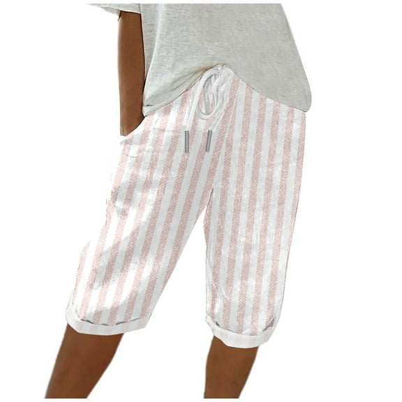 fatyb Women's Striped Knee Length Shorts Drawstring Casual Shorts Loose Lounge Short Pants with Pockets