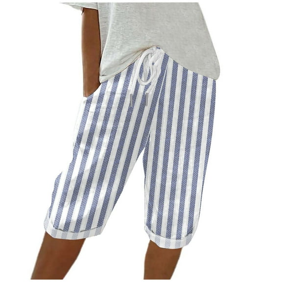 fatyb Women's Striped Knee Length Shorts Drawstring Casual Shorts Loose Lounge Short Pants with Pockets