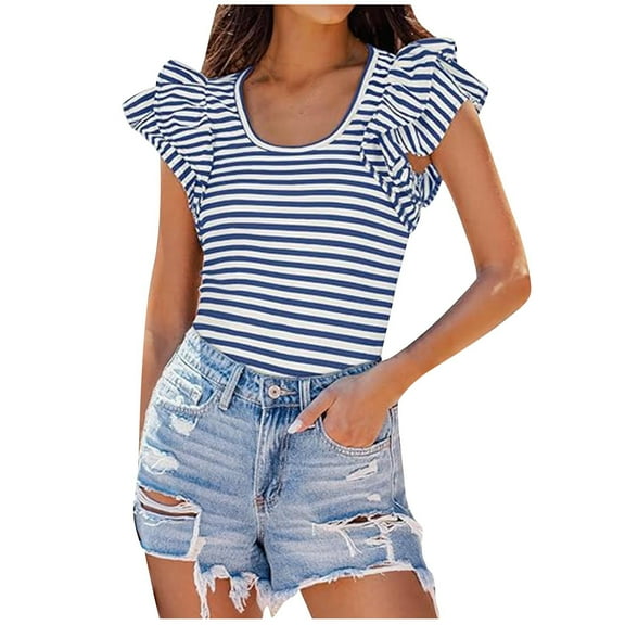fatyb Women's Striped Slim T Shirts Ruffle Short Sleeve Basic Tees Tops Casual Summer Tops for Women
