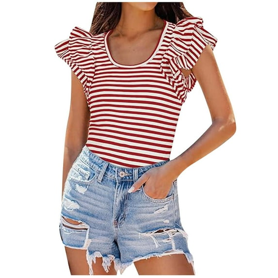 fatyb Women's Striped Slim T Shirts Ruffle Short Sleeve Basic Tees Tops Casual Summer Tops for Women