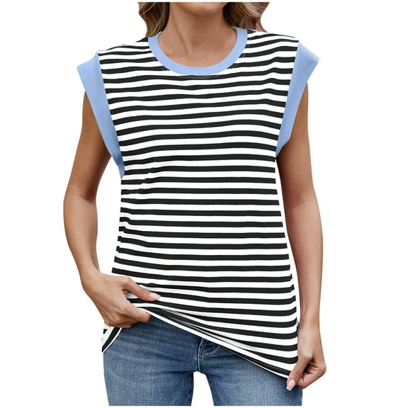fatyb Women's Striped Tank Tops Cap Sleeve Basic Tee Shirts Casual Summer Loose Tunic Blouses for Women