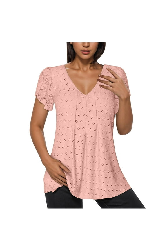 Women's Summer Eyelet Tops Lace Short Sleeve Embroidered Tunic Shirts Pleated Dressy V Neck Blouses