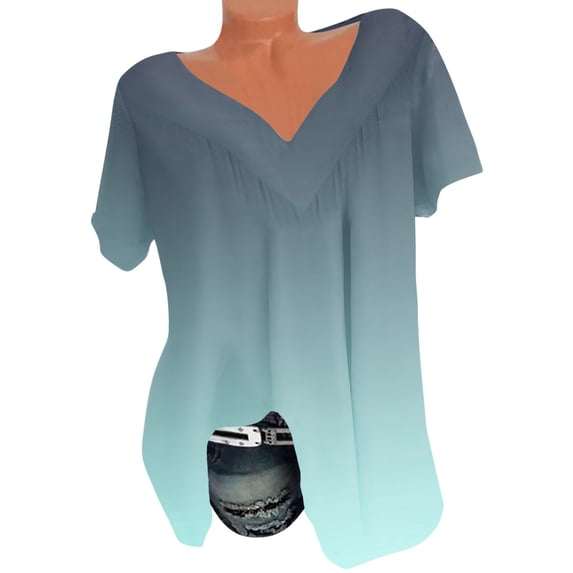 fatyb Women's Summer Pleated Tunic Tops Gradient Short Sleeve T-Shirts Casual Loose Blouses Plus Size