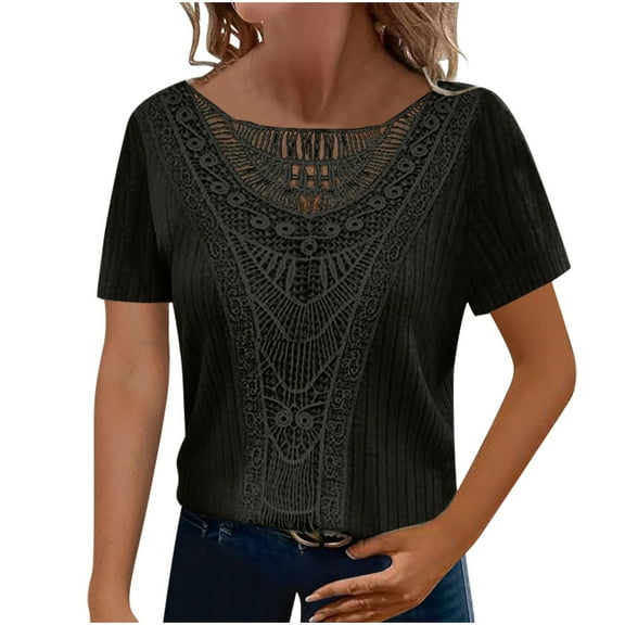 fatyb Women's Summer Tops Crochet Lace Short Sleeve Tshirts Casual Knitted Patchwork Elegant Blouses